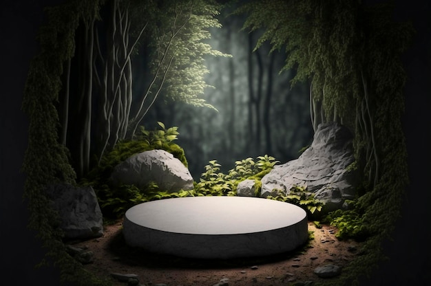 Flat stone stage gray rock pedestal for product display green forest on the background natural scenery landscape soft light Created with Generative AI technology