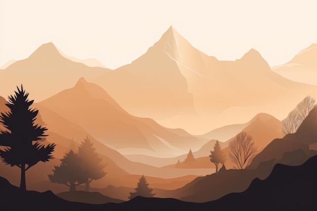 Flat style abstract minimalistic aesthetic mountains landscape background Beige brown color shades