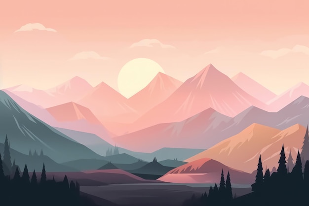 Flat style abstract minimalistic aesthetic mountains landscape background Trendy graphic design backdrop Pastel color shades