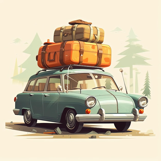 flat style illustration of a car with luggage and dog on top in the of soft