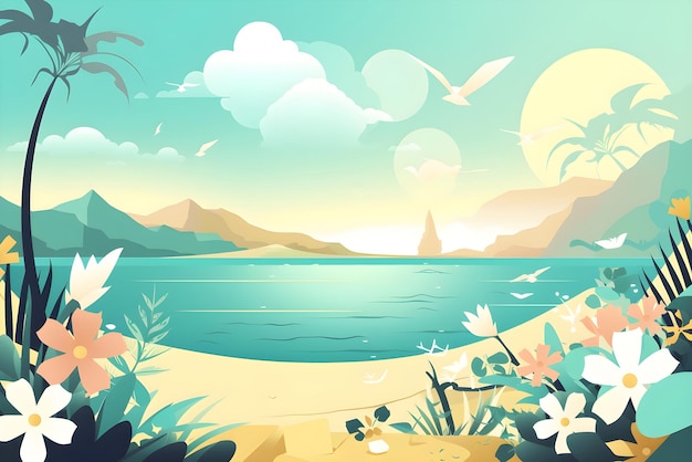 Flat style illustration with a summer beach Generated AI