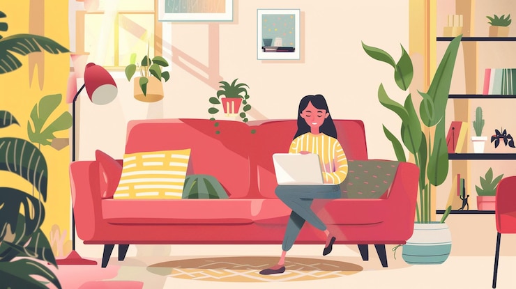 Photo flat style vector illustration of a young woman using a laptop while sitting in the living room home office