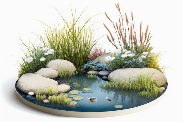 Плоское изображение небольшого голубого декоративного пруда с белыми водяными лилиями, камышовыми растениями, камнями