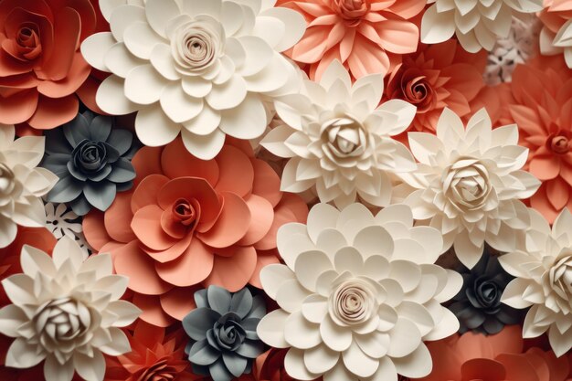 Flat surface full of small coral and white colored paper flowers AI generated