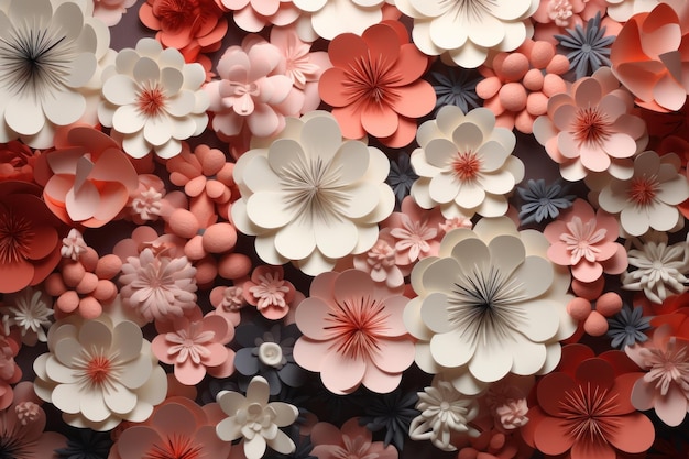 Flat surface full of small coral and white colored paper flowers AI generated