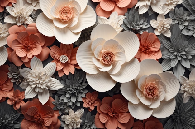 Flat surface full of small coral and white colored paper flowers AI generated