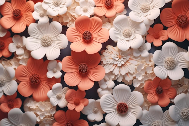 Flat surface full of small coral and white colored paper flowers AI generated