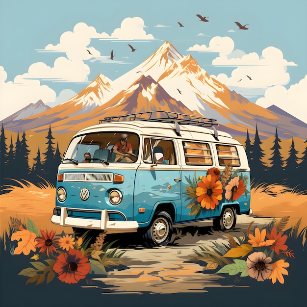 Плоский вектор красивая сцена горного озера винтажный фургон винтажная иллюстрация векторное искусство