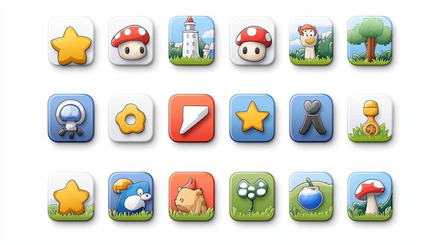 Flat vector icon set for a gaming app featuring icons for different types of game genres like action adventure and puzzle