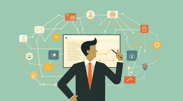 a flat vector illustration of an advertising professional presenting marketing data
