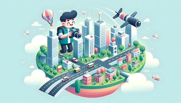 Photo flat vector illustration of aerial photographer over busy metropolis in candid daily work environmen