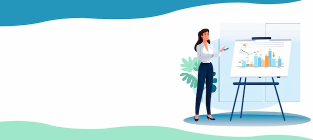 Photo flat vector illustration banner of business woman giving a presentation with copy space