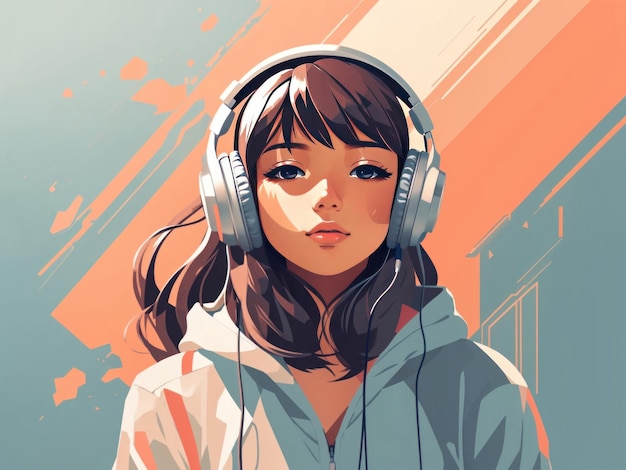 flat vector illustration of Beautiful anime girl listening to lofi hip hop music with headphones