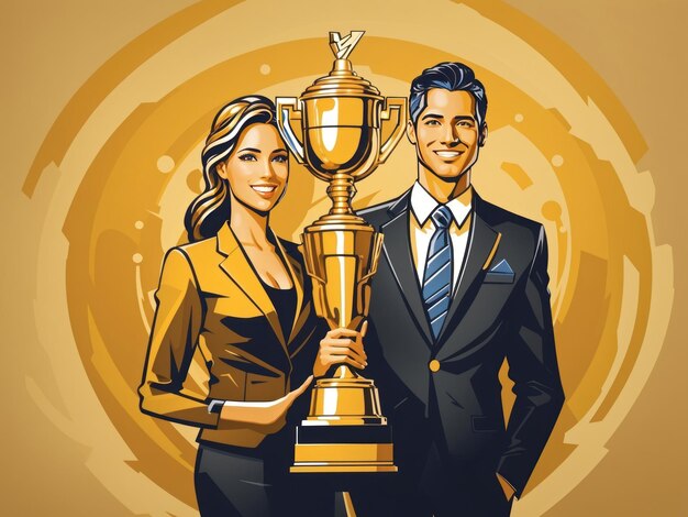 flat vector illustration Businessman and businesswoman holding golden cup Success win concept