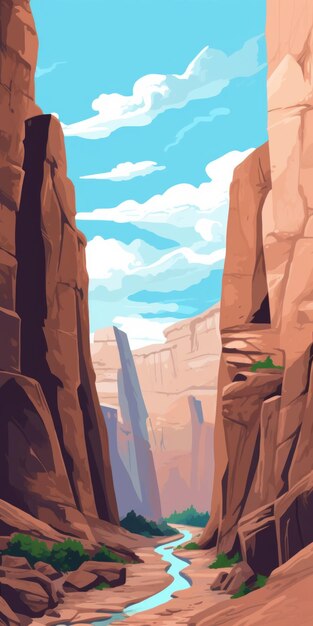 Flat Vector Illustration Of Canyon On A Sunny Day