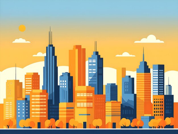 Photo flat vector illustration of a city skyline with a blue sky