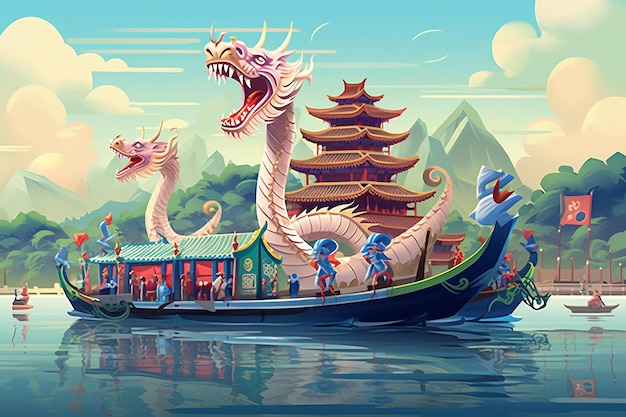 Flat vector illustration of Dragon Boat Festival family friendly activities