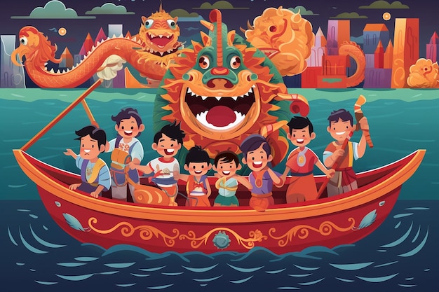 Flat vector illustration of Dragon Boat Festival family friendly festivities