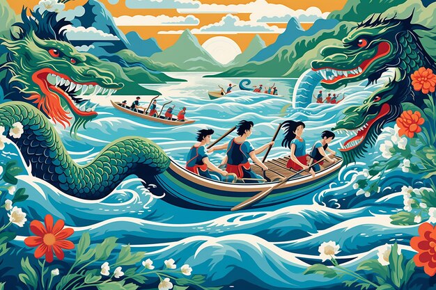 Flat vector illustration of Dragon Boat Racing on a river