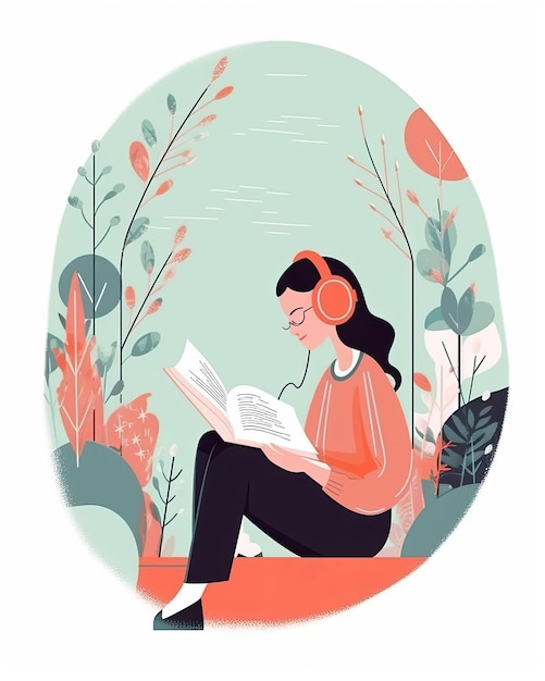 Flat vector illustration of a female character reading and listening to an audiobook created with Generative AI technology