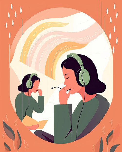 Плоская векторная иллюстрация женского персонажа, читающего и слушающего аудиокнигу, созданную с помощью технологии Generative AI