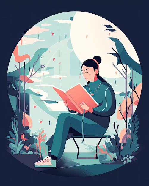 Flat vector illustration of a female character reading and listening to an audiobook created with Generative AI technology