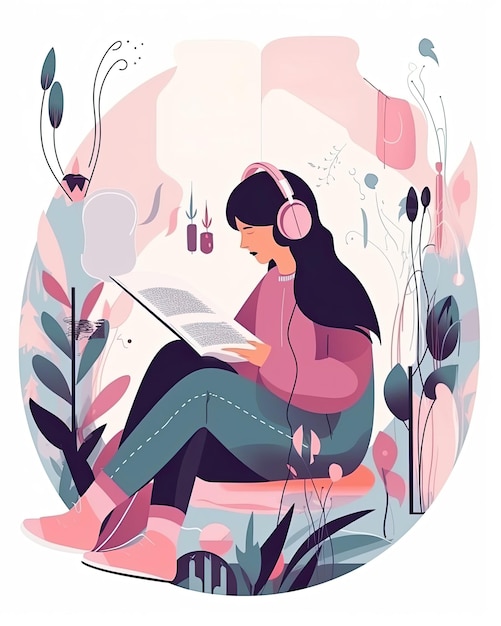 Flat vector illustration of a female character reading and listening to an audiobook created with Generative AI technology