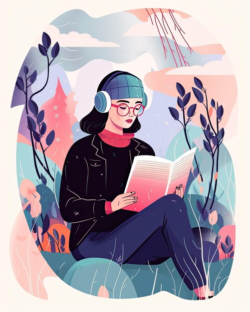 Flat vector illustration of a female character reading and listening to an audiobook created with Generative AI technology