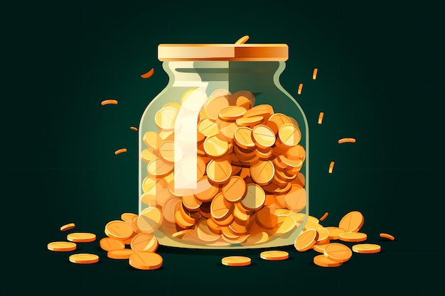 Flat vector illustration Glass money jar filled with gold coins symbolizing savings investment