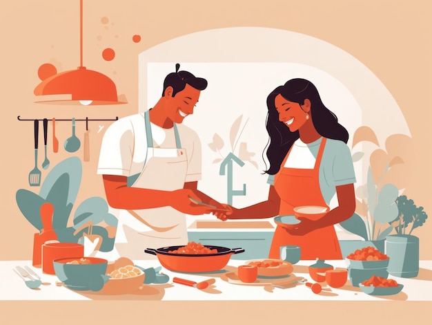 Photo flat vector illustration of happy couple cooking