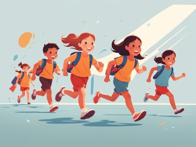 flat vector illustration of kids running school