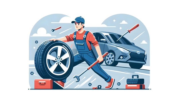 Photo flat vector illustration of a mechanic quickly changing a tire with speed and precision in a candid