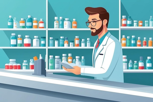 Flat vector illustration pharmacist at the counter in a pharmacy opposite the shelves with medicines