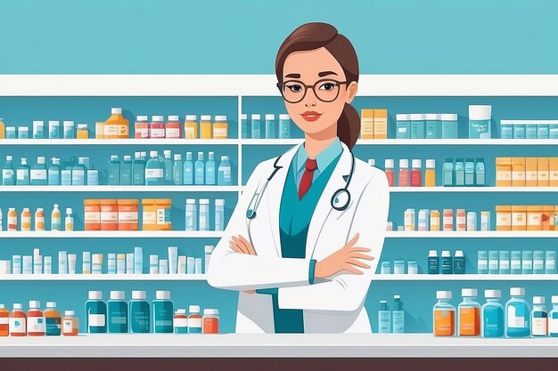 Flat vector illustration pharmacist at the counter in a pharmacy opposite the shelves with medicines