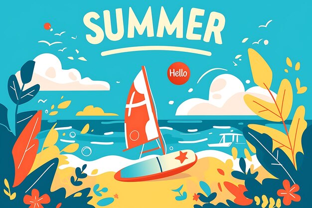 Photo flat vector illustration of summer beach with surfboard blue sky