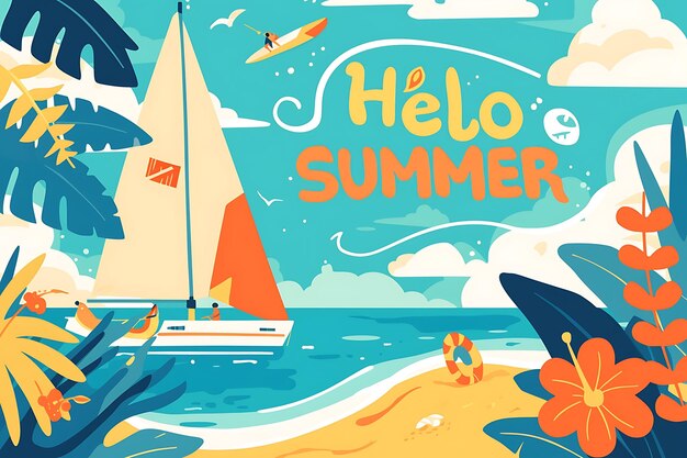 Photo flat vector illustration of summer beach with surfboard blue sky
