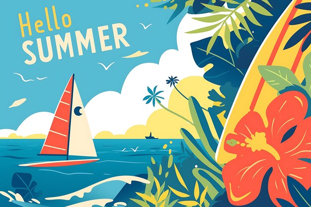 Photo flat vector illustration of summer beach with surfboard blue sky
