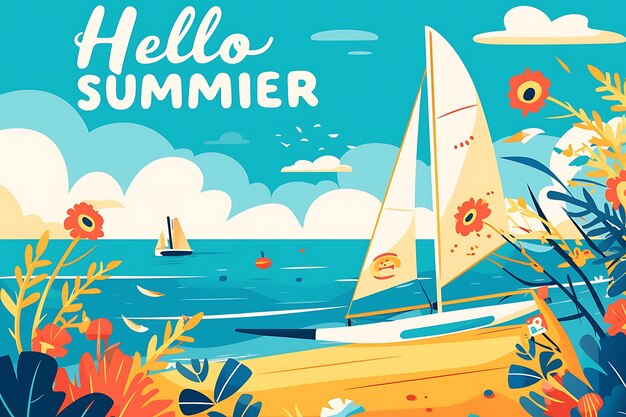 Photo flat vector illustration of summer beach with surfboard blue sky