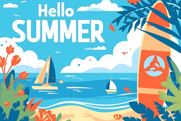 Photo flat vector illustration of summer beach with surfboard blue sky