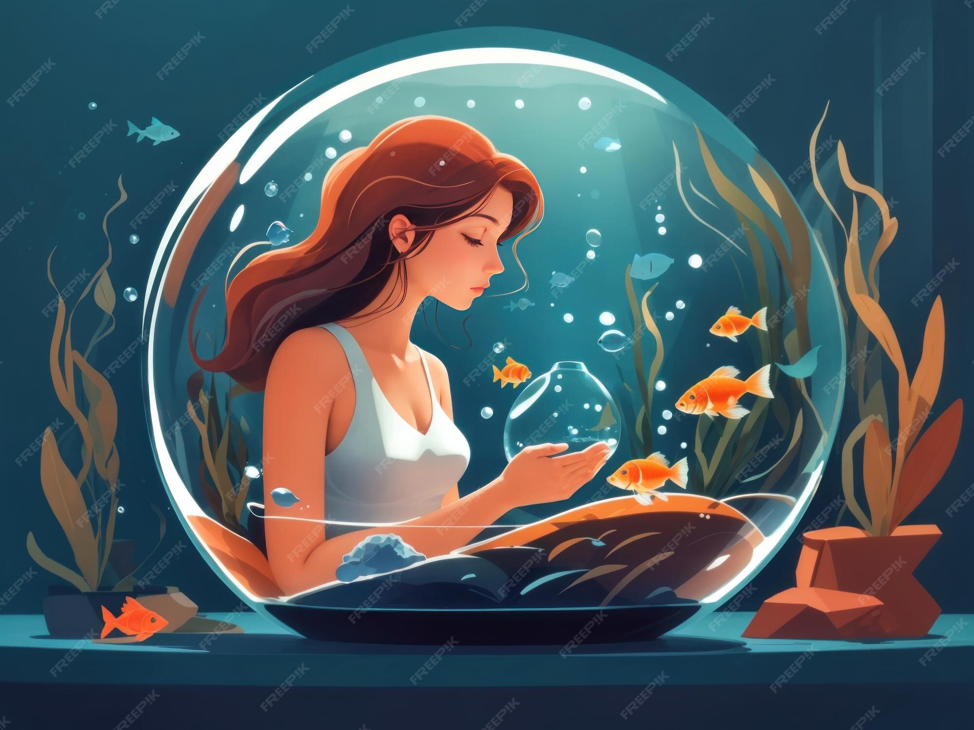 premium-ai-image-flat-vector-illustration-woman-in-fish-pot