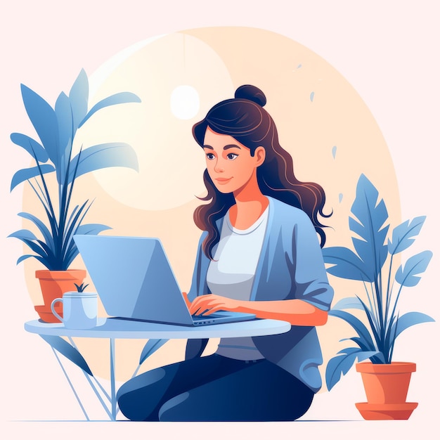 Flat vector illustration of young busy woman working or studying on her desk