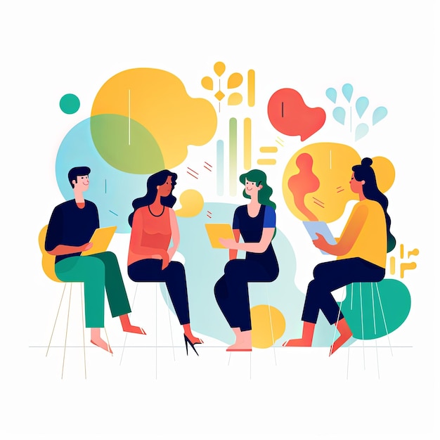 写真 flat vector style illustration a diverse group of people talking and collaborating on white background v 52 job id 3749f846345e4697a971c978527be4f5