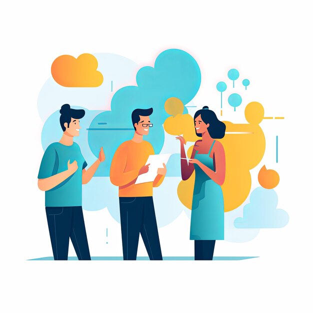 사진 flat vector style illustration a diverse group of people talking and collaborating on white background v 52 job id 4692f9810b6646fe9614567a6acef6dc