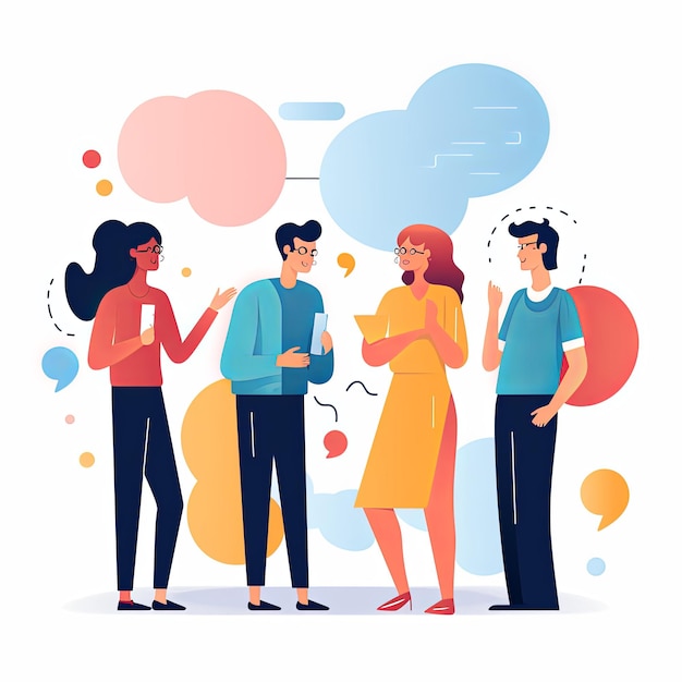 写真 flat vector style illustration a diverse group of people talking and collaborating on white background v 52 job id 98f182dc7b134639b993409eb0202c70