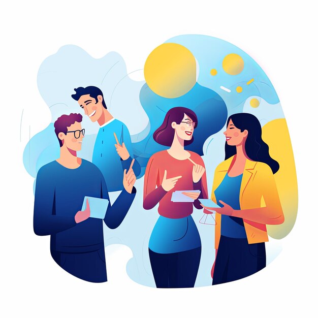 사진 flat vector style illustration a diverse group of people talking and collaborating