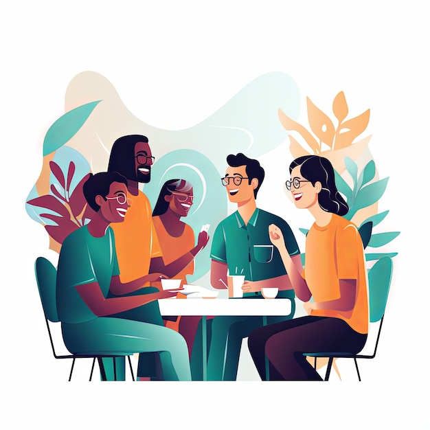 写真 flat vector style illustration a diverse group of people talking and collaborating