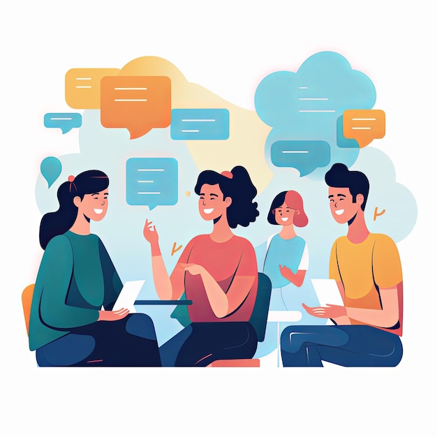 사진 flat vector style illustration a diverse group of people talking and collaborating