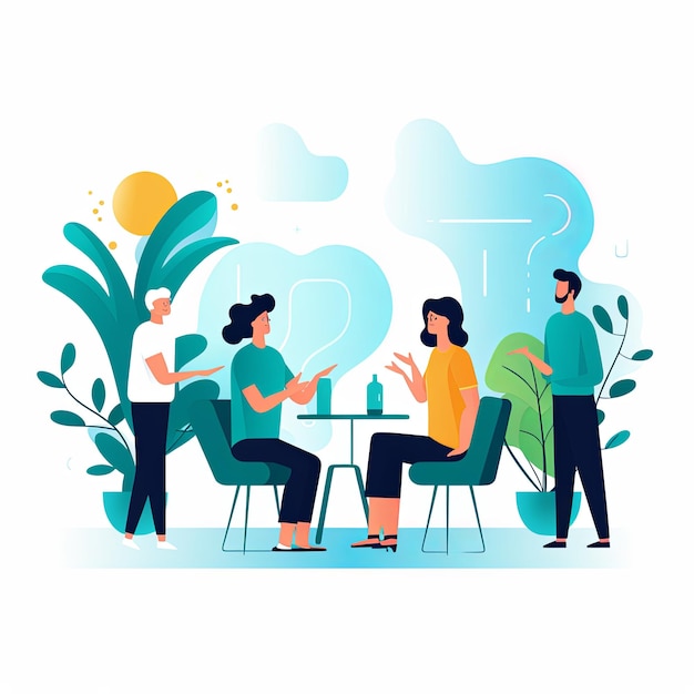 写真 flat vector style illustration a diverse group of people talking and collaborating