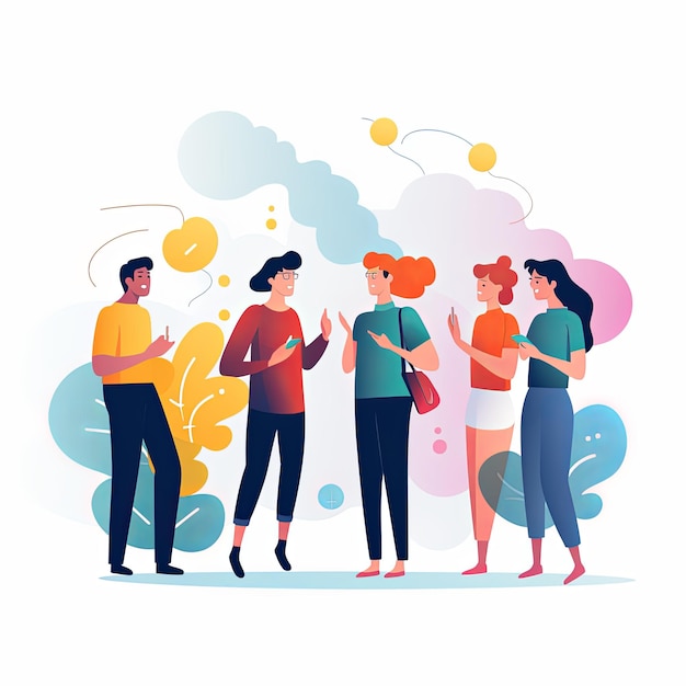 写真 flat vector style illustration a diverse group of people talking and collaborating