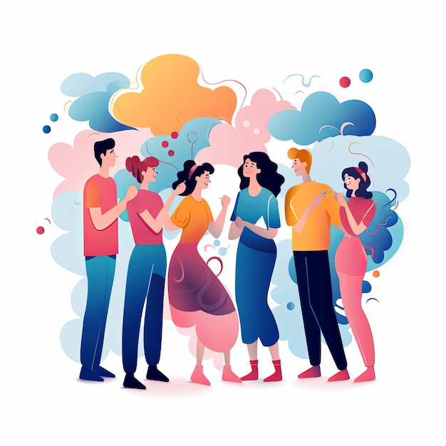 Фото flat vector style illustration a diverse group of people talking and collaborating